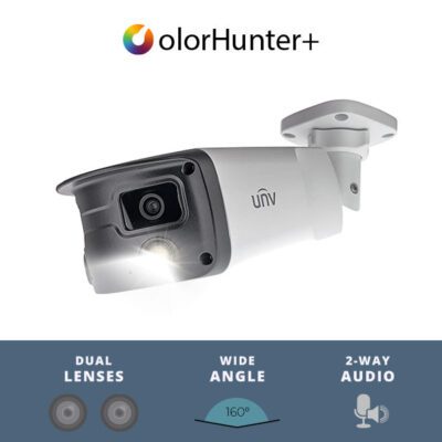 UNV 4MP Wide Angle Weatherproof 24/7 ColorHunter Bullet IP Security Camera with 2 x 4.0mm Fixed Lenses and 2-Way Audio (IPC2K24SE-ADF40KMC-WL-I0)