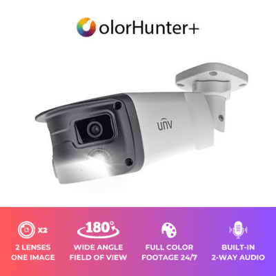 UNV 8MP 4K UltraHD Wide Angle Weatherproof 24/7 ColorHunter Bullet IP Security Camera with 2 x 4.0mm Fixed Lenses and 2-Way Audio (IPC2K28SE-ADF40KMC-WL-I0)