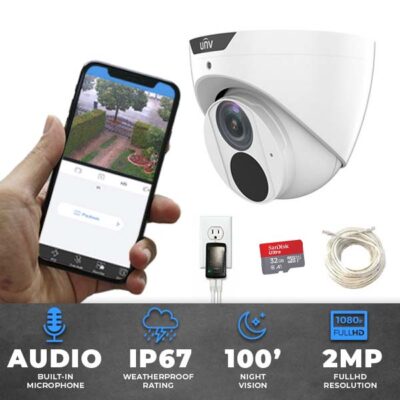 UNV FullHD 1080p (2MP) Single Turret IP Security Camera System with Built-In Microphone, MicroSD card, 100' of Network Cable, & PoE Injector